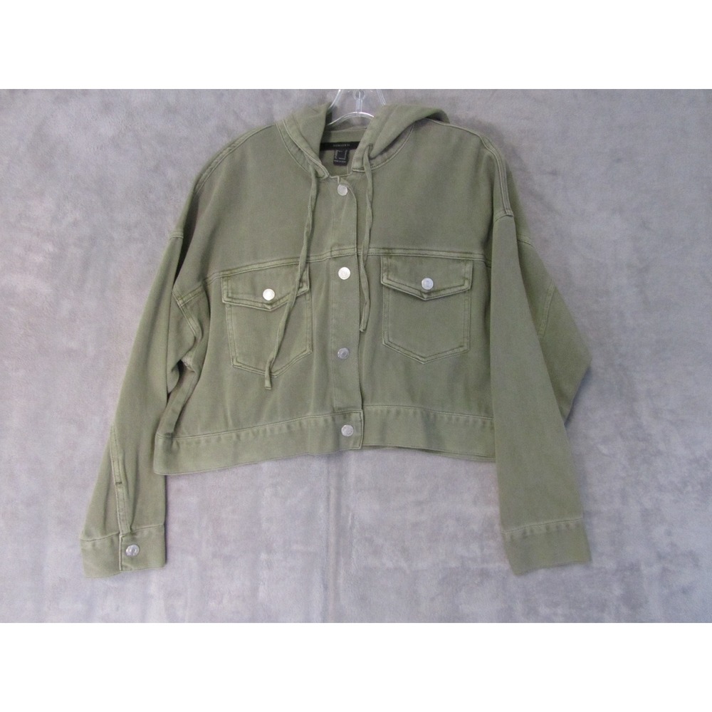 Forever 21 Women's Olive Green Hooded Denim Jacket Cropped Button Up Small NWT